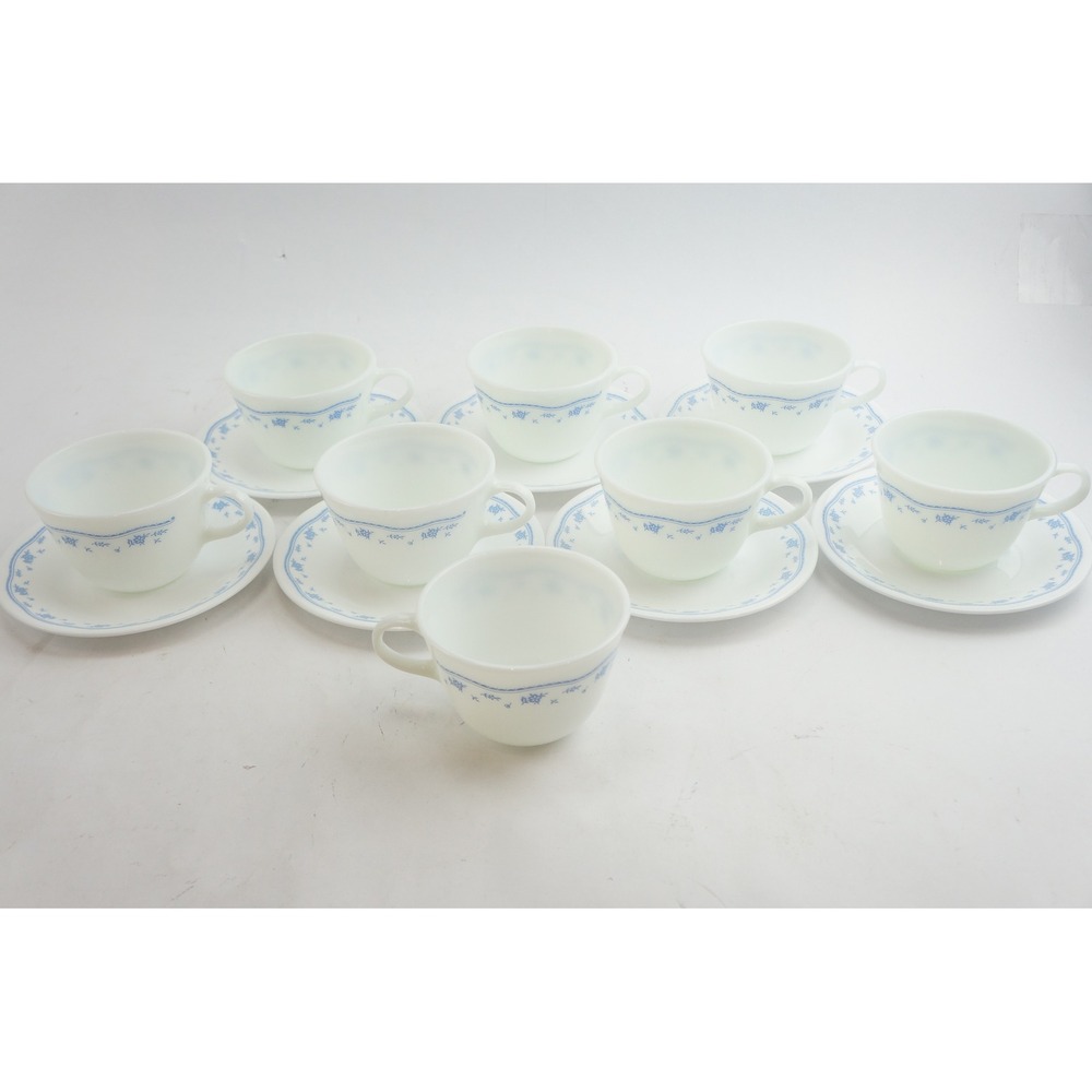 Corelle Pyrex Morning Blue Tea Cup and Saucer Set 15pc White‎ Blue Excellent